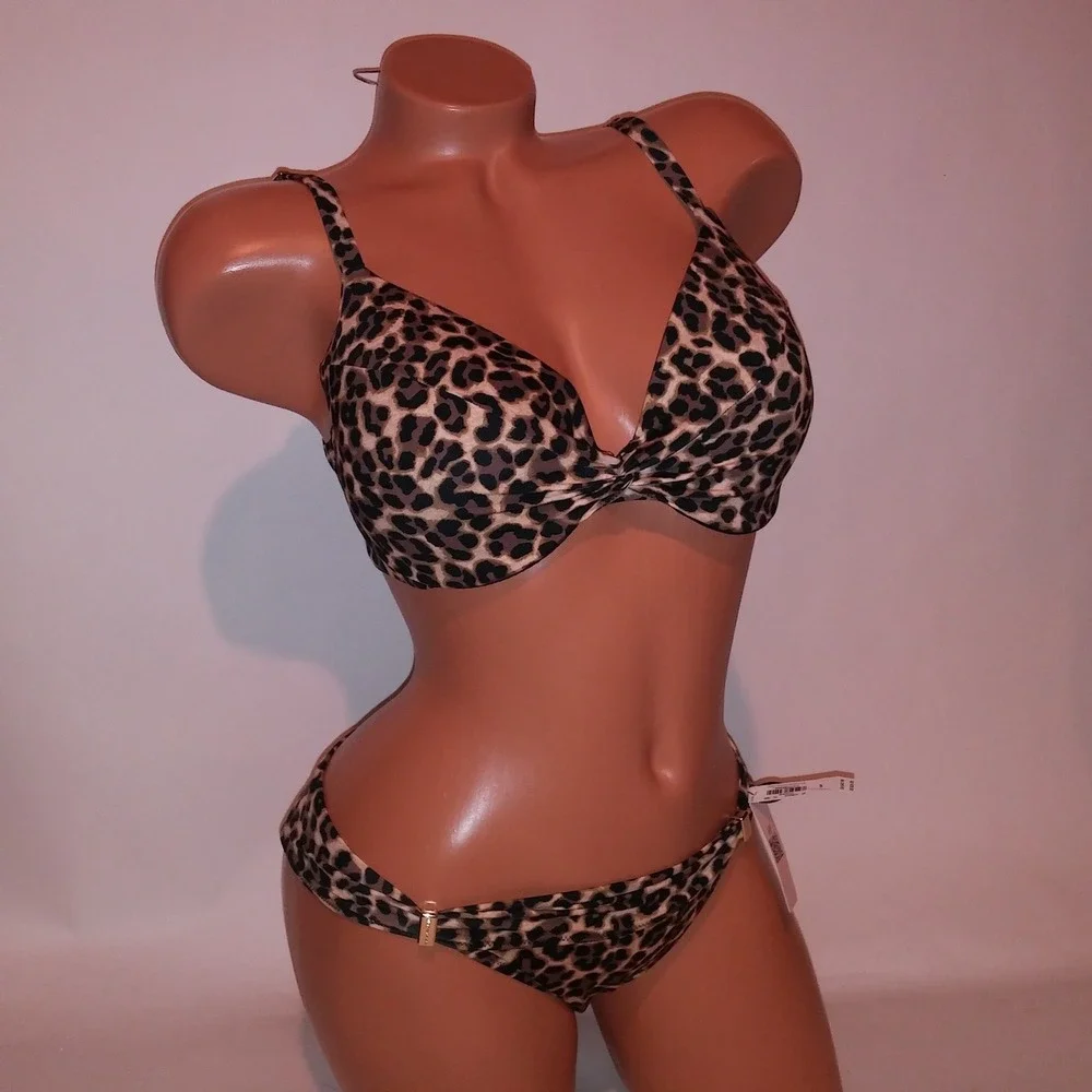 Victoria Secret Swim Bikini 34DD Top Small Bottom Push Up Black Brown Leopard